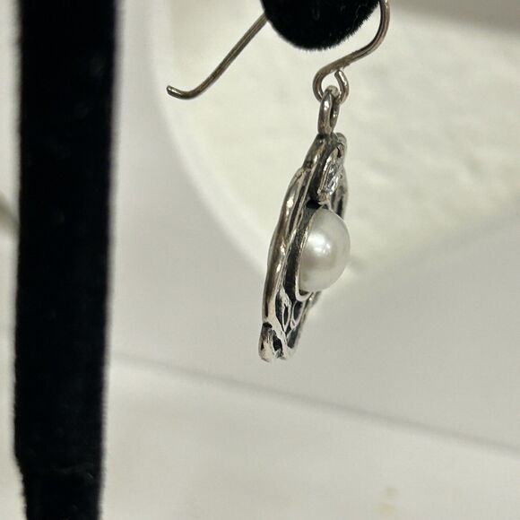 Didae Shablool Pearl CZ Modernist Dangle Earrings 925 Sterling Silver Signed - Picture 7 of 9